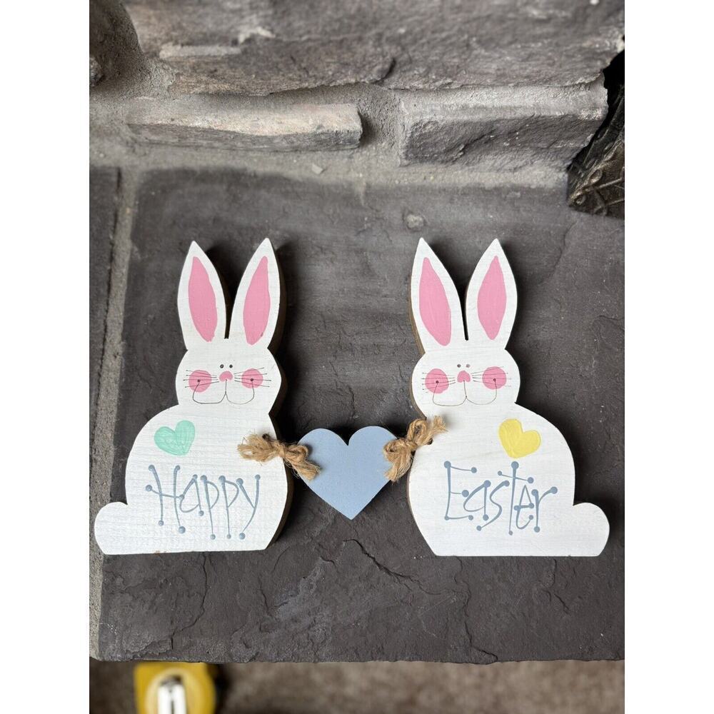 “Happy Easter” Bunny Figures Hand Painted Wood Cottagecore Vintage Cute